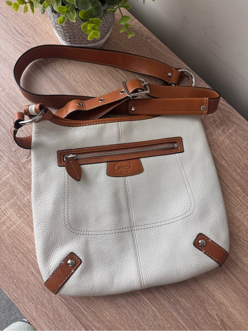 Coach White Pebbled Leather Crossbody with Tan Trim